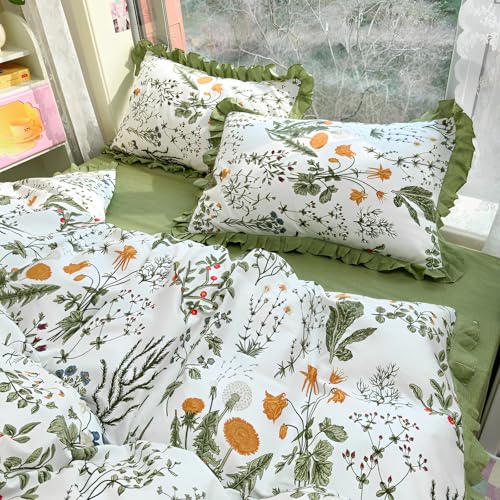 Green Floral Comforter Set King Romantic Ruffle Comforter Vintage Botanical Flowers Comforter with 2 Pillowcases Boho Floral Lace Coquette Bedding Fluffy Comfy Farmhouse King Bed Comforter Set