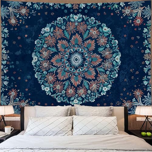 Boho Floral Mandala Tapestry Wall Hanging Blue Bohemian Flower Medallion Tapestry Aesthetic Vintage Navy Hippie Indian Large Tapestries for Bedroom Living Room Dorm Decor 80 x 60 Inch