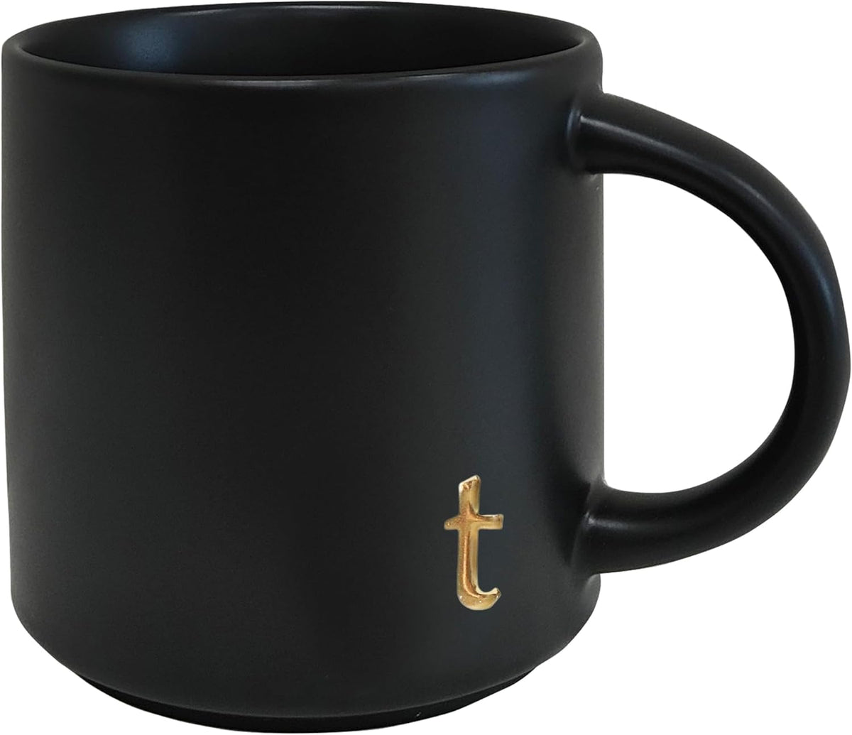 COLLECTIVE HOME - Black Monogram Ceramic Mugs, 15 oz Golden Initial Coffee Cups, Elegant Alphabet Tea Mugs, Personalized Halloween Mug with Gift Box, Perfect for Office and Home Décor (t)