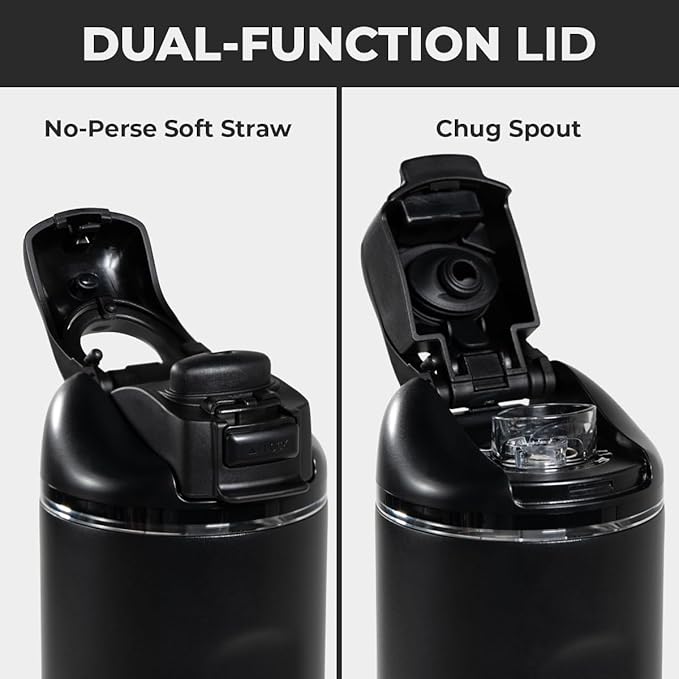 HydroJug Ease2o Water Bottle with Straw & Chug Lid, Stainless Steel, Vented Cap to Help Reduce Pressure, Water-Level Window, Cup Holder Friendly, Non-Slip Base – 24oz, Black