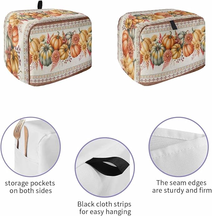 Orange Pumpkins Fall Toaster Cover 2 Slice, Thanksgiving Southwestern Floral Dustproof Bakeware Oven Protector with Top Hook, Autumn Waterproof Small Kitchen Appliance Toasters Dust Cover, 12"x7.5"x8"