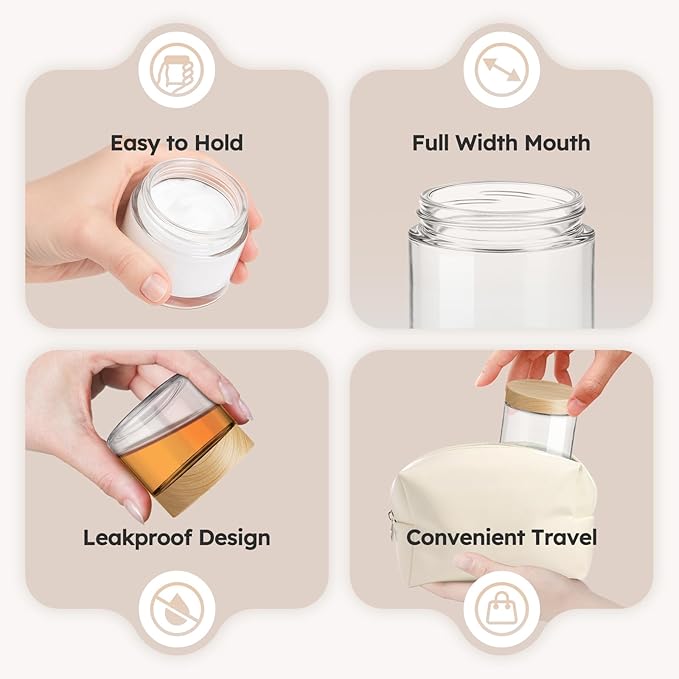 2 oz Glass Jars with Lids, 36 Pack Clear Small Glass Jars with Woodgrain Lids Leakproof Round Airtight Empty Cosmetic Travel Containers with Inner Liners for Lotions Powders and Candle Making