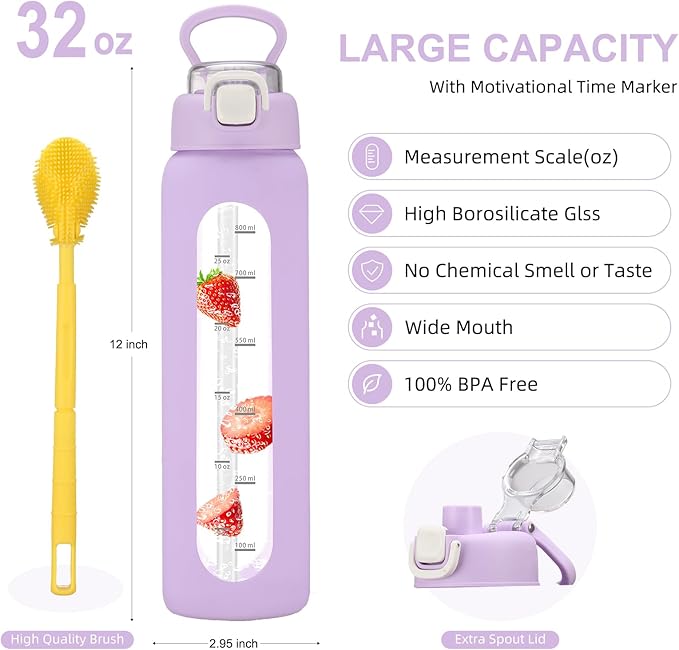 chunmo 32 oz Glass Water Bottle with 2 Lids-Handle Spout Lid & Straw Lid, 1 Liter Motivational Borosilicate Water Bottle with Time Marker and Silicone Sleeve,Leakproof-Purple-1 Pack