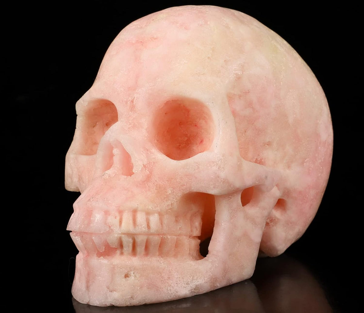 Skullis 5.0" Pink Aragonite Crystal Skull, Hand Carved Gemstone Fine Art Sculpture, Reiki Healing Stone Statue.048 Z8