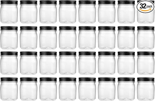 novelinks 8 oz Clear Plastic Jars with Airtight Lids, 32 Pack Plastic Mason Jars with Lids 8oz, Refillable Storage Slime Containers & Small Spice Jar for Kitchen Organization (32 Pack,Black)