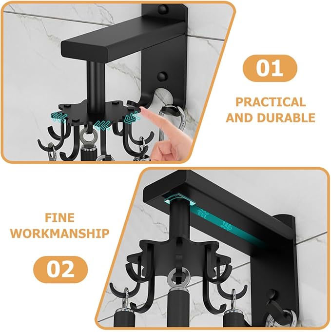 Rotatable 8-Claw Kitchen Utensil Hooks Black Space Aluminum Alloy 360-degree Swivel Wall-Mounted Sundries Organizer for Measuring Cups and Spoons