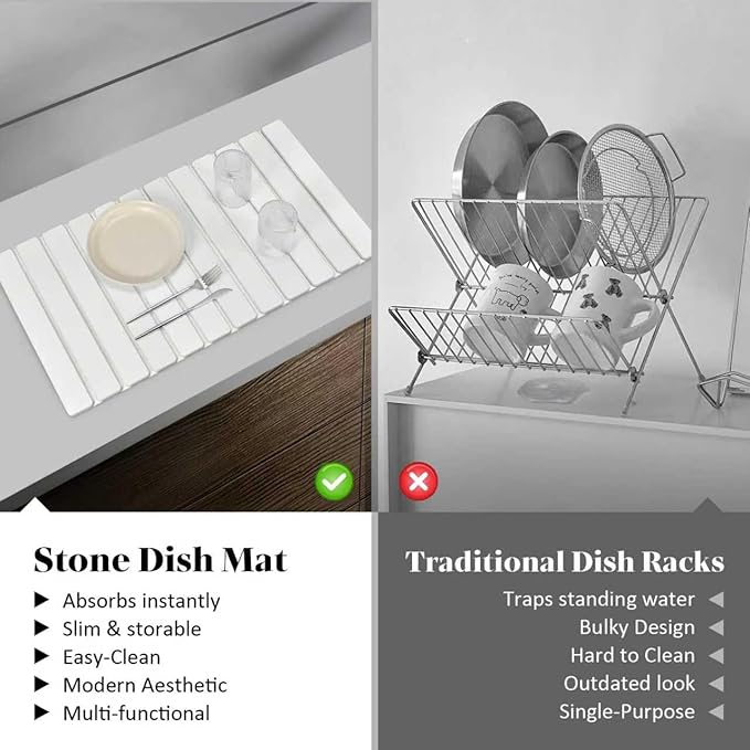 Large Stone Dish Drying Mat – 28" x 16" Fast Drying Absorbent Collapsible Dish Drying Mat, Diatomaceous Earth Mat, Eco-Friendly Mat for Kitchen Utensils & Gadgets, Match Any Countertop