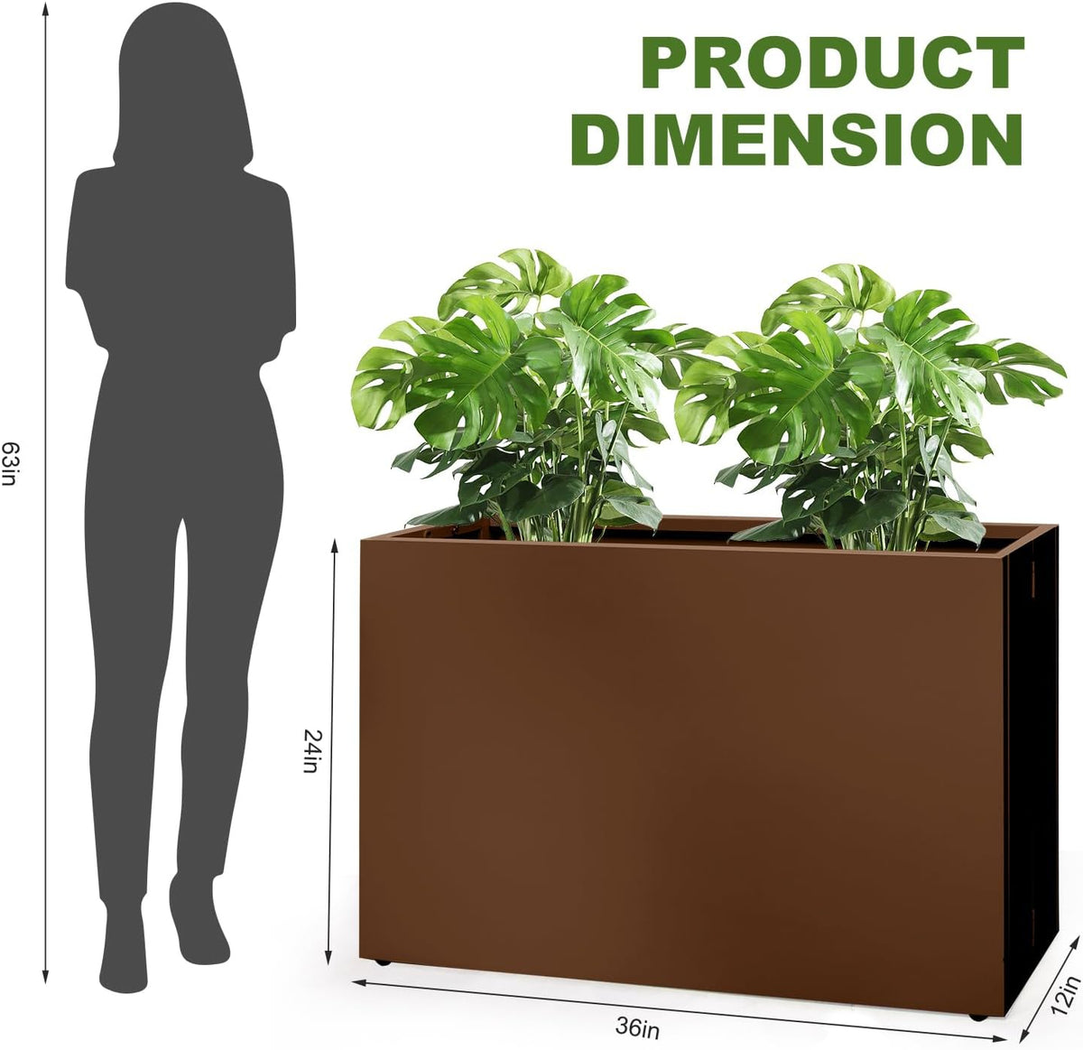 Galvanized Steel Planter Box-No Installation Required Metal Rectangular Block Long Box Planter Modern Outdoor Planters All-Weather Use with Drainage Holes for Patio/Porch, 36×24×12IN（Brown）