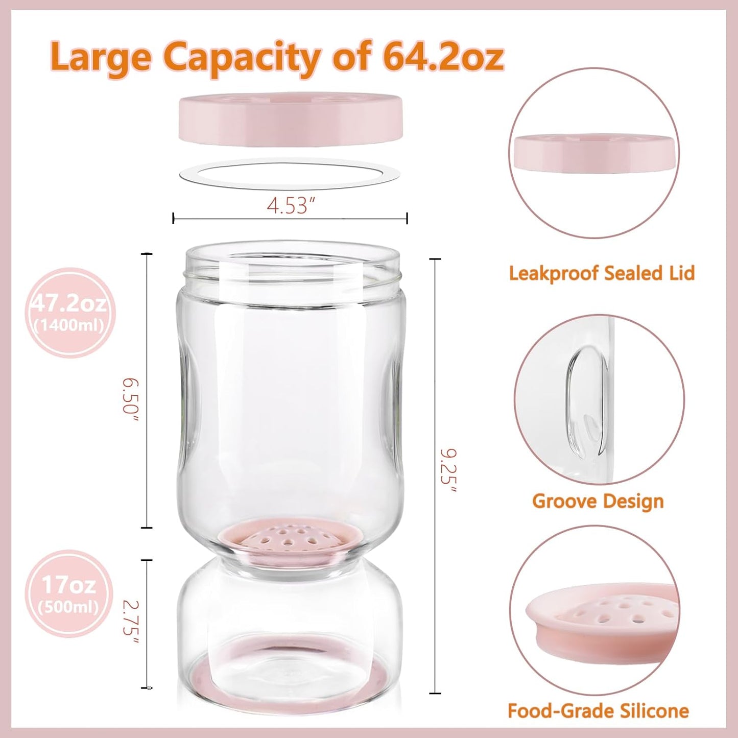 ZENS Pickle Jar with Strainer Flip, 64 oz Pickle Container Pickle Juice Separator Hourglass Jar for Olive Keeper, Leakproof Glass Pickle Holder Jars for Pickling Dill Sliced Storage, Gifts for Mom