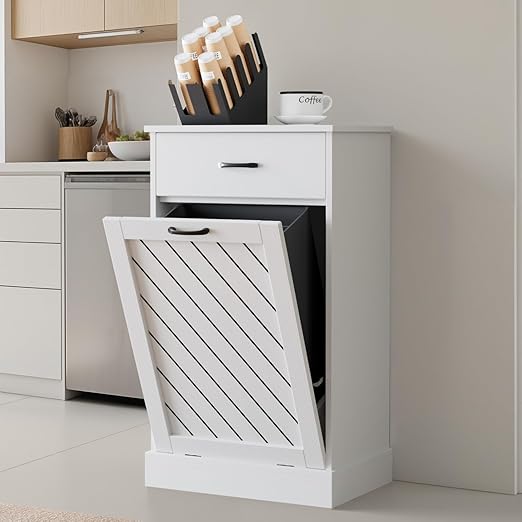 Tilt-Out Trash Can Cabinet, 13 Gallons Hidden Garbage, Hidden Kitchen Trash Cabinet with Storage Drawer, Pet-Proof Wooden Garbage & Recycling Cabinet for Kitchen, Laundry & Living Room, White