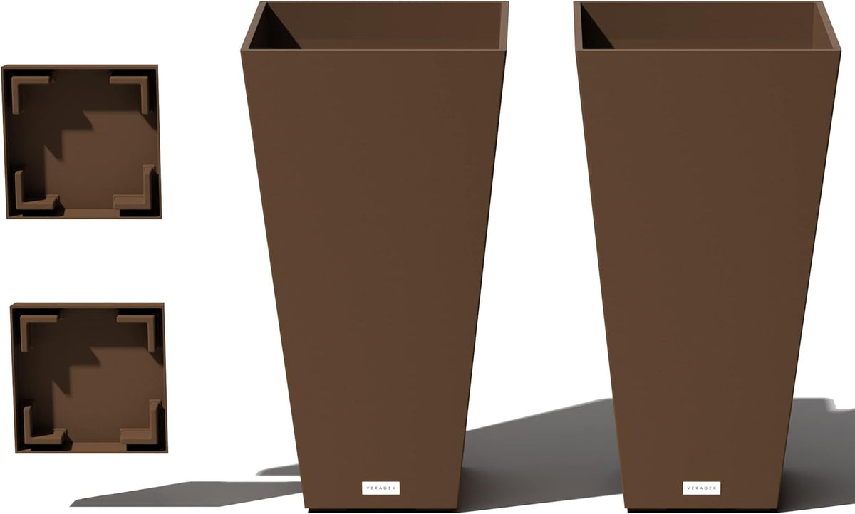 Veradek V-Resin Indoor/Outdoor Taper Planter (Espresso, 26 inch - 2 Pack with 2 Saucer Trays)