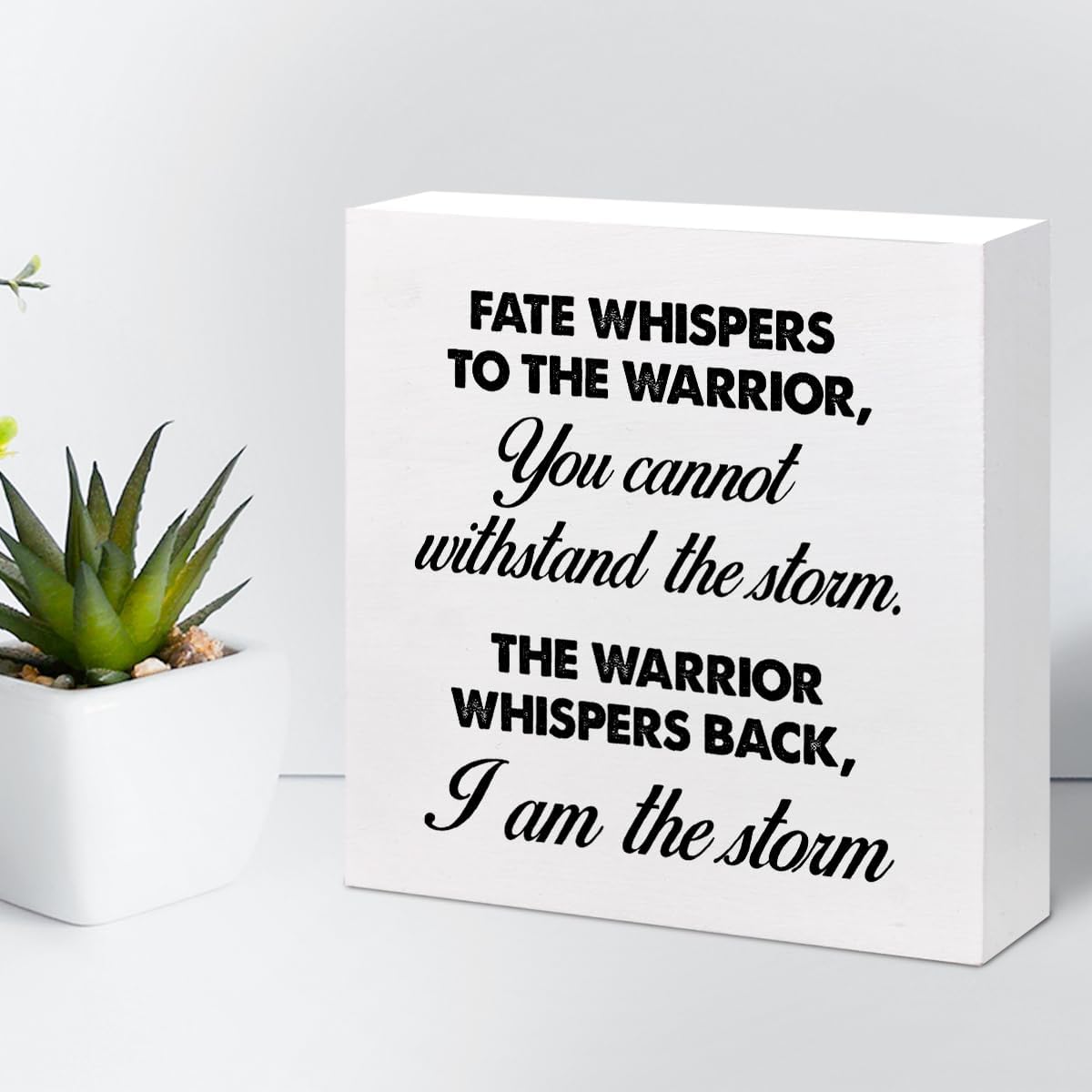 Motivational Wood Box Sign,Fate Whispers to The Warrior Inspirational Wooden Block Sign for Home Bedroom Farmhouse Wall Shelf Table Decor