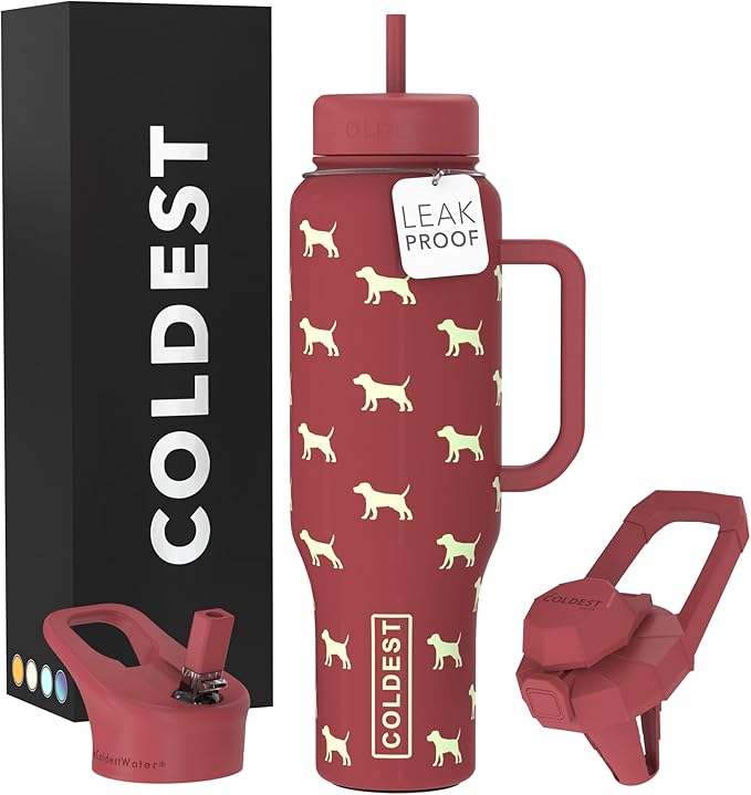 Coldest Tumbler with Handle and Straw - 100% Leak Proof Insulated Tumbler with Lid and Straw (3 Lids) - Stainless Steel Tumblers for Women & Men - Cup Holder Friendly Base, 46 oz (Baby Puppy)