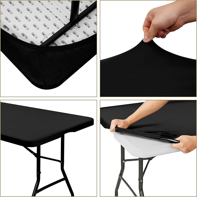 10 Pack Stretch Fabric Table Top Cap Cover, fits 6' Tables, Spandex Table Covers Washable Elastic Universal Rectangle Tablecloth Protector for Indoor Outdoor Party Picnic Wedding, Black, 30" W x 72" L