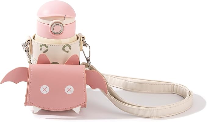 Cocosmile Bat Kids Water Bottle - Easy Open Button & Carrying Lanyard with Zipper Pouch - Kids Water Bottles for School Boys Girls, Stainless-Steel Thermal Water Bottle, BPA Free (Without Straw)