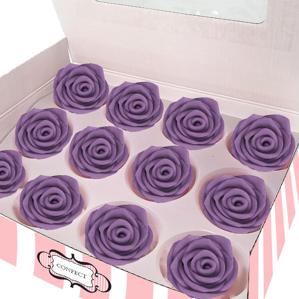 Confect Edible Rose Topper -Edible True Purple Rose Toppers for Cake & Cupcake - Edible Roses for Desserts- Vegan, Gluten-Free, Nut-Free, Dairy-Free, Palm Oil-Free - Pack of 12