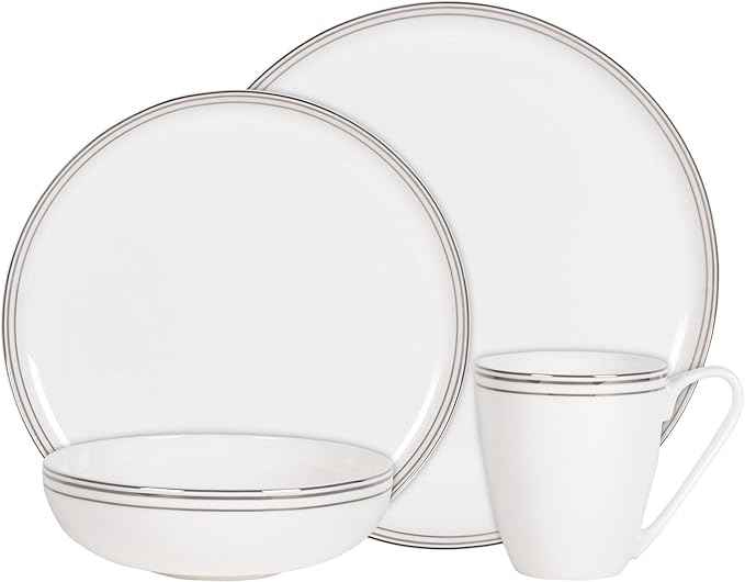 Everyday White by Fitz and Floyd Nevaeh Bone China Coupe Platinum Bands Dinnerware Set, Service for 4