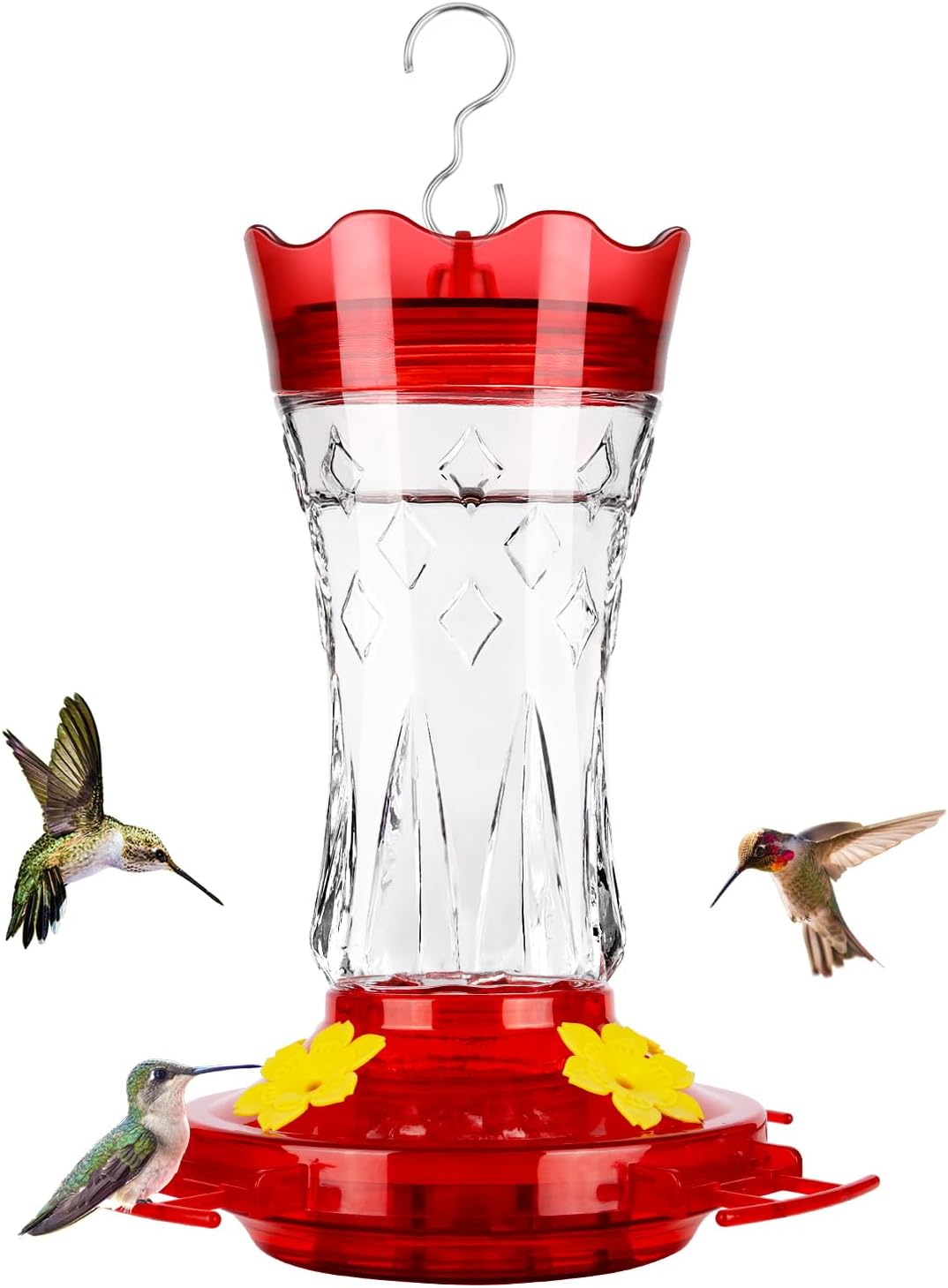 BOLITE Glass Hummingbird Feeders for Outdoors Hanging, Built-in Ant Moat, 4 Bee Guard Feeding Ports with Perches, Leak Proof, 15 Ounces, Stars Decor, Red, Gifts for Women Men, Gifts for Mom Dad
