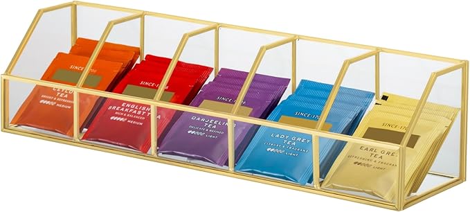 NCYP Glass Tea Bags Organizer with 5 Slots Compartments, Indoor Counter Top Display Case, Storage Box without Lid, Gold Teabag Storage Rack, Decor, 14.5 x 3. 6 x 3.6 Inches (Glass Box Only)