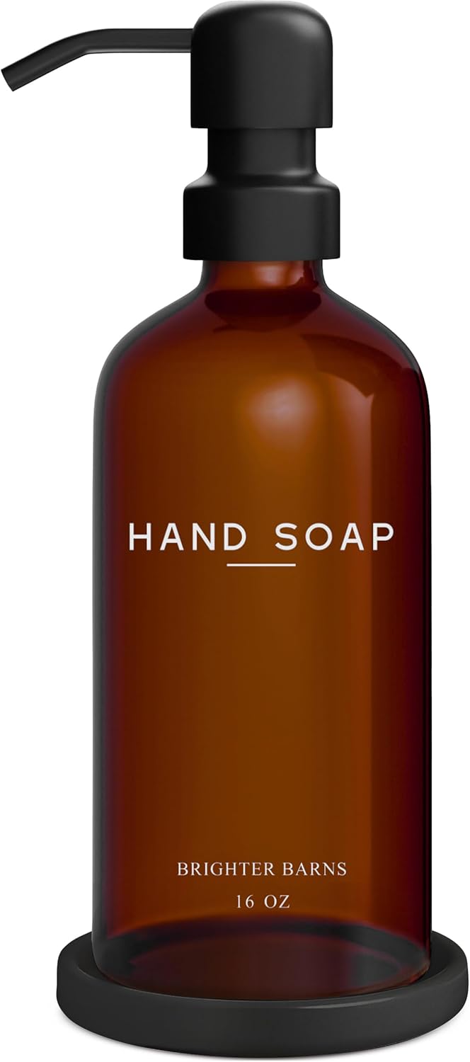 Amber Glass Hand Soap Dispenser Bathroom Set by Brighter Barns - Refillable Liquid Hand Soap Dispenser Tray and Pump Set for Kitchen - Modern Bathroom Decor & Accessories for Airbnb, RV, Hotel (Amber)