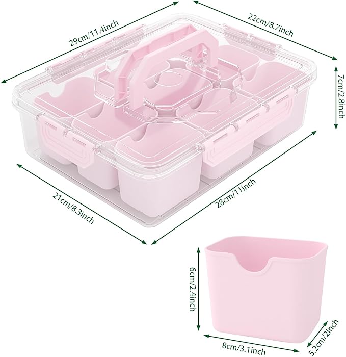 REBECAT Divided Serving Tray with Lid and Handles 9 Compartments Snack Box Container Charcuterie Organizer Snackle Box Container for Candy,Nuts，Fruits,Snacks,2 Pack,Pink