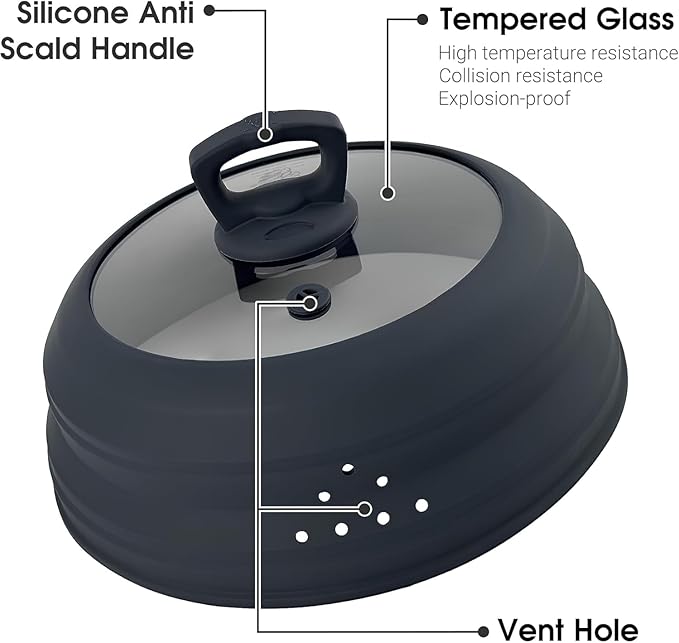 Microwave Splatter Cover Glass 11.8 Inch Microwave Cover for Food with Handle Collapsible Silicone Microwave Cover with Steam Vent for Pot Plate Bowl (Grey)