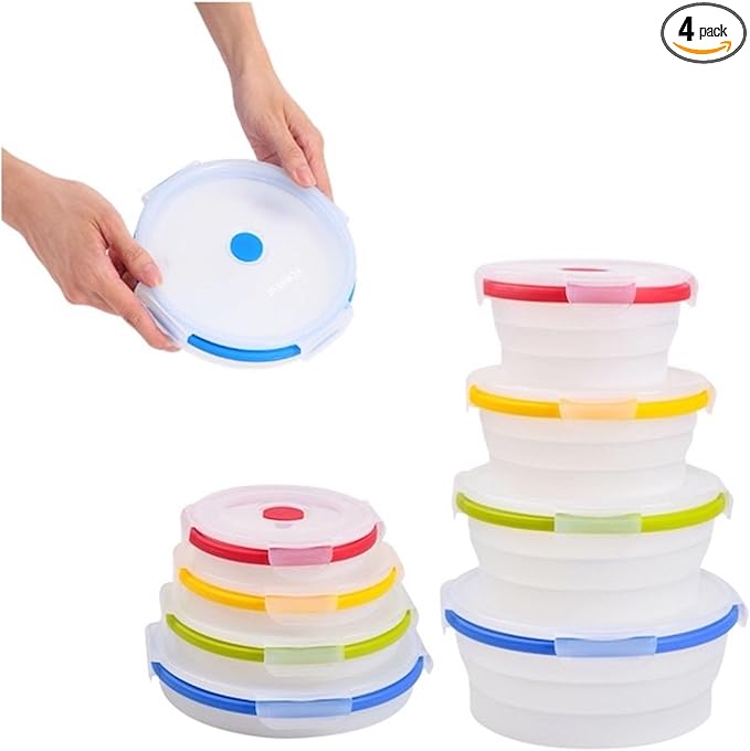 ECOBERI Collapsible Silicone Food Storage Containers, BPA Free, Microwave, Freezer and Dishwasher Safe, Lunch, Meal Prep, Travel, Space-Saving