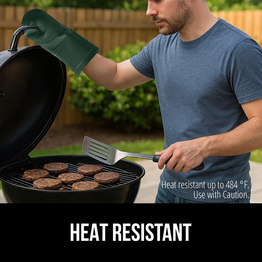GORILLA GRIP BPA-Free Soft Silicone Oven Mitts, Heat Resistant and Waterproof Cooking Gloves, Thick Cotton Lining, Flexible Gripping for Baking Grilling, Kitchen Potholders Set, 12.5x8.3, Hunter Green