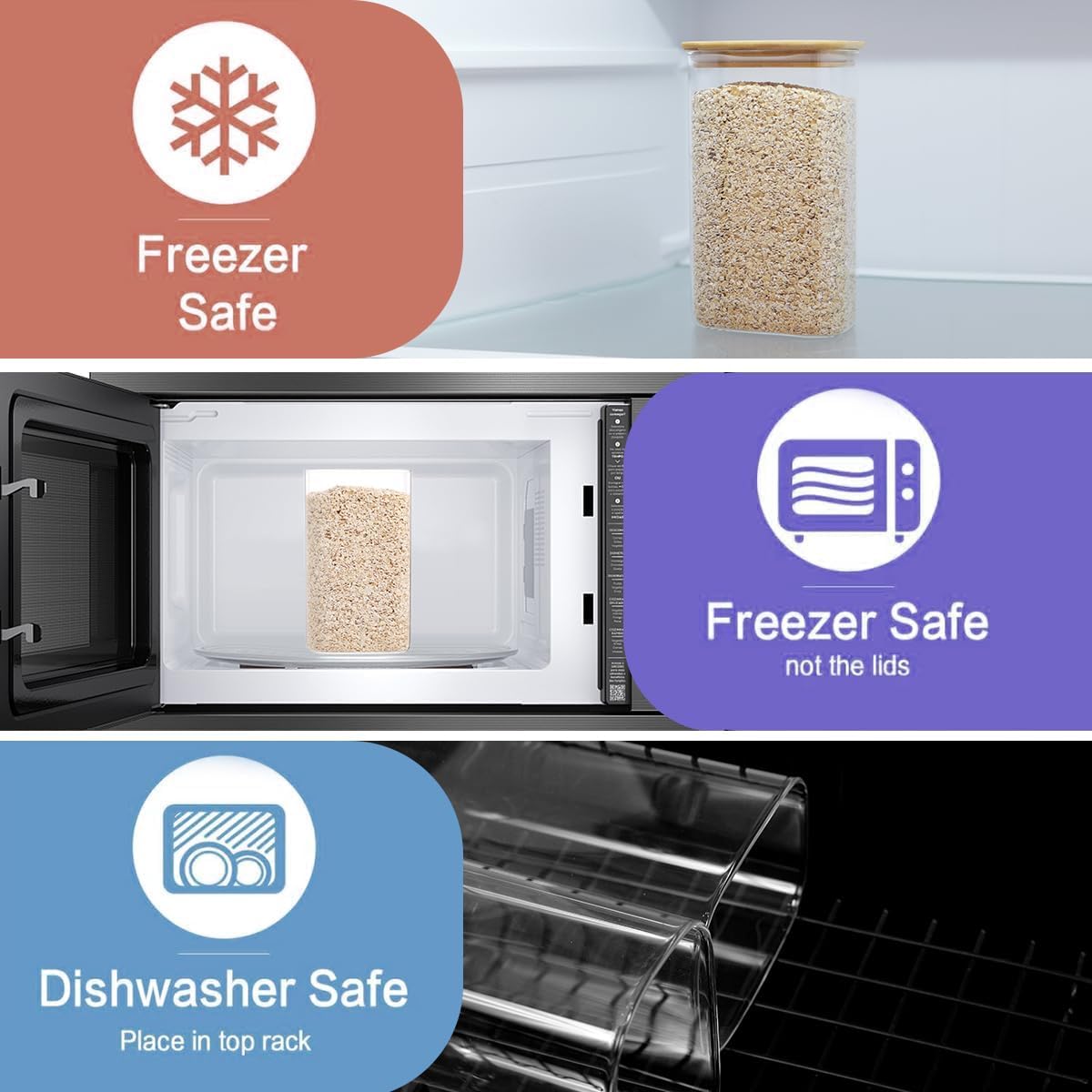 3 Pack Square Glass Pantry Storage Containers with 132 Kitchen Food Pantry Labels - 51 floz Clear Glass Pantry Jars with Airtight Wood Bamboo Lids - Glass Canisters for Candy, Cereal, Coffee, Spice