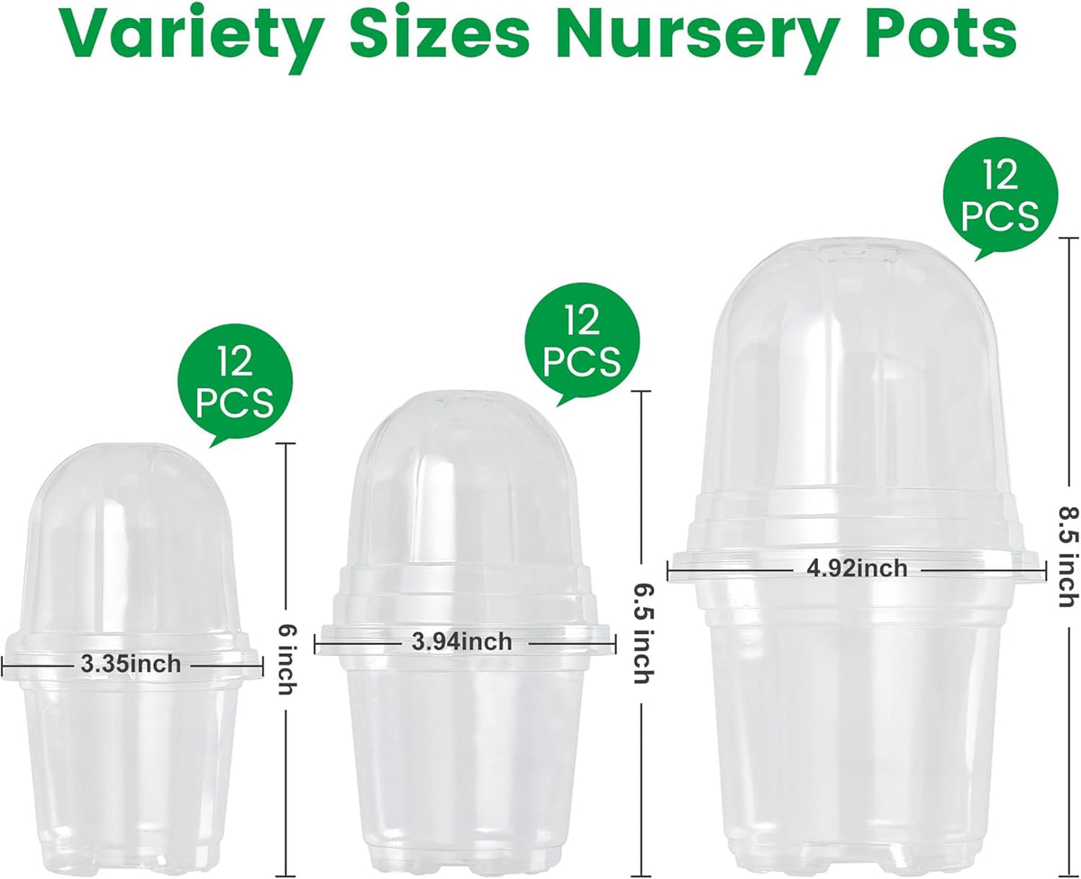 36 Packs 5/4/3.5 Inch Clear Nursery Pots with Humidity Domes, Transparent Plant Pots with Drainage Holes, Variety Pack Seed Starting Pots for Succulents, Flowers and Cactus