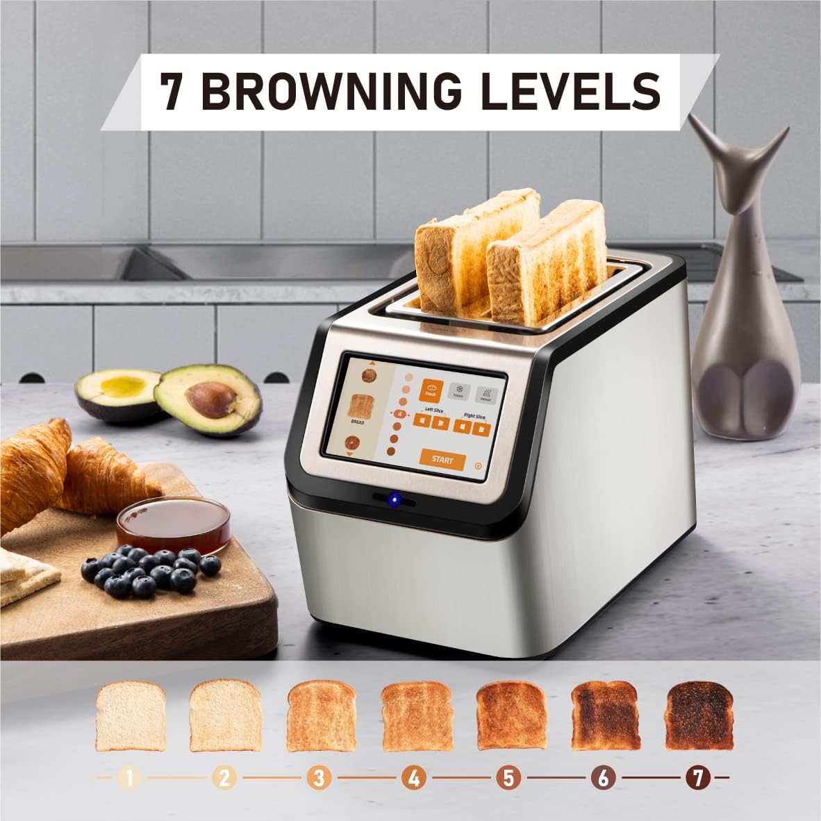 Smart Toaster, KETIAN Touch Screen 2 Slice,High-speed Automatic Settings, Bagel English Muffins Toast Pastry Waffles Bread Toaster,Stainless Steel