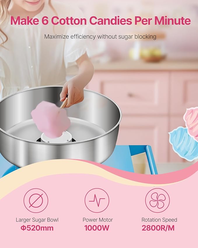 VEVOR Commercial Cotton Candy Machine with Cart, 1000W Electric Candy Floss Maker with 20.5 in Stainless Steel Bowl, Sugar Scoop and Drawer, for Home, Kids Birthday, Family Party, Blue