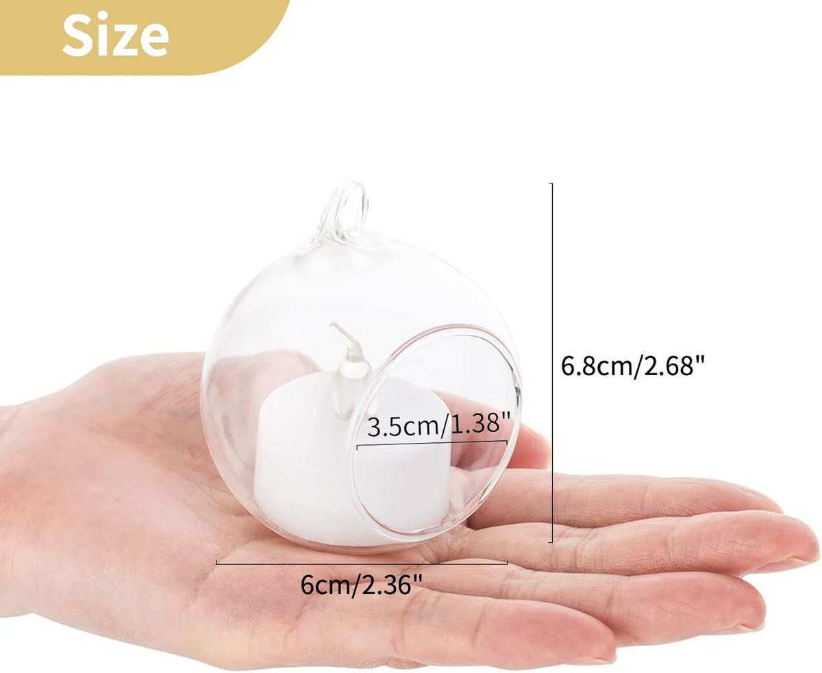 NUPTIO Hanging Glass Globe with Candles: Set of 12 Tealight Candle Holders with LED Tea Lights - 2.36 inch Bulk Clear Votive Candleholders for Party Wedding Birthday Shower Celebration Tree Decoration