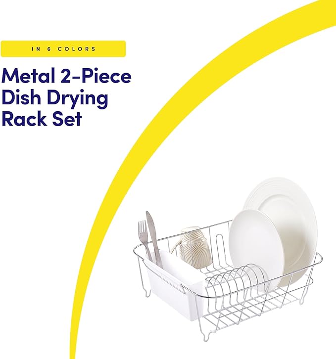 Sweet Home Collection Metal 2 Piece Dish Drying Rack Set Drainer with Utensil Holder Simple Easy to Use Fits in Most Sinks, 14.5" x 13" x 5.25", White