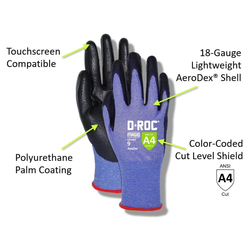 MAGID D-ROC ANSI A4 AeroDex Polyurethane Palm Coated Work Gloves, 1 Pair, 0