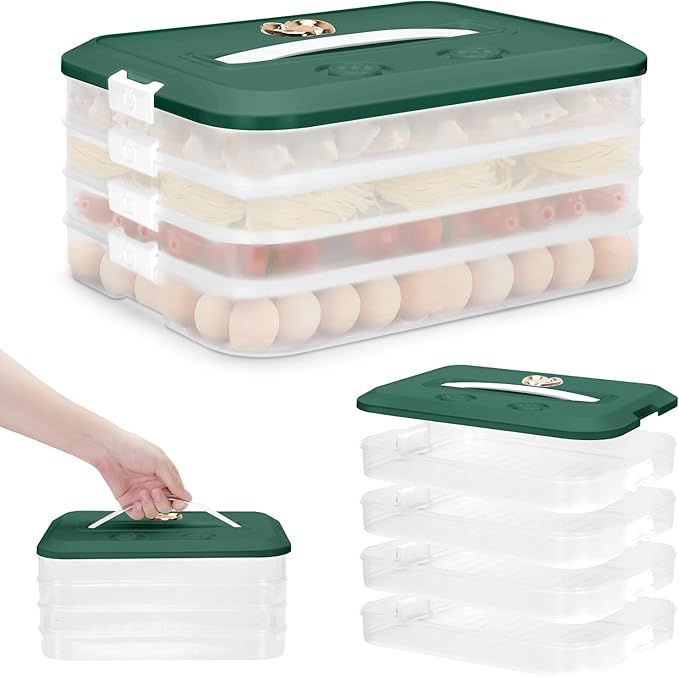Food Storage Containers with Lids, Plastic Cookie Storage Containers Airtight, 4-Layer Stackable Food Containers Dumpling Storage Box, Green