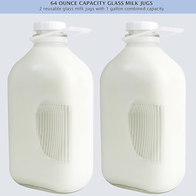 The Dairy Shoppe Glass Milk Bottle, Heavy Glass with 48 mm Extra Lid, Creamery Style (64 oz/2 pk, Half Gallon)