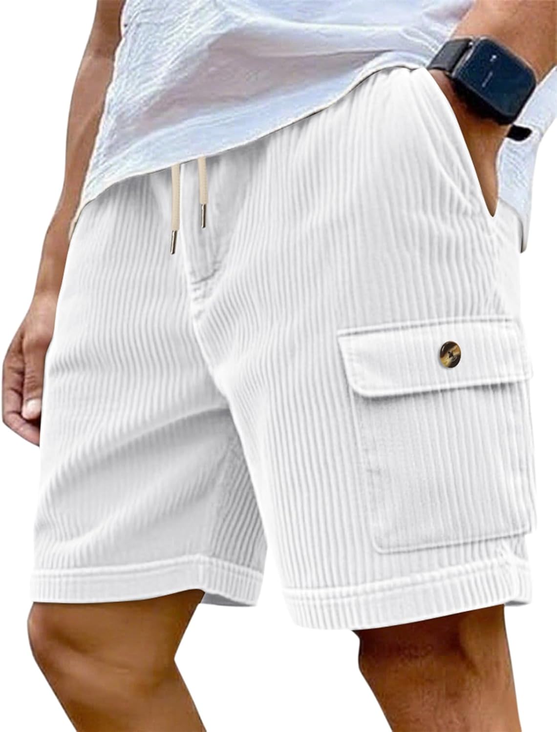 Mens Cargo Shorts Casual Drawstring Elastic Waist Corduroy Summer Beach Shorts with Pockets