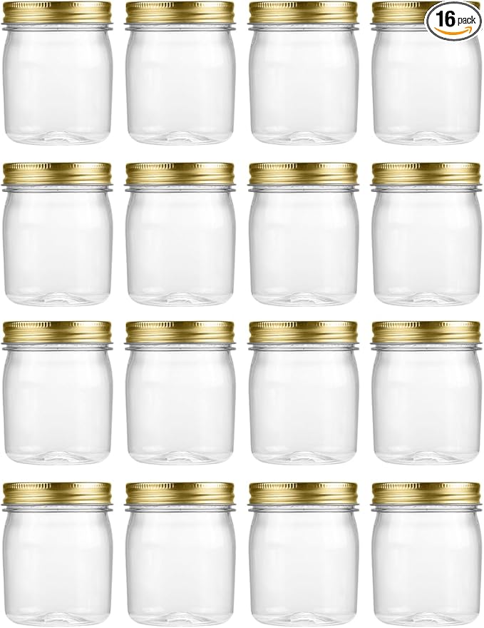 novelinks 8 oz Clear Plastic Jars with Airtight Lids, 16 Pack Plastic Mason Jars with Lids 8oz, Refillable Storage Slime Containers & Small Spice Jar for Kitchen Organization (16 Pack,Gold)