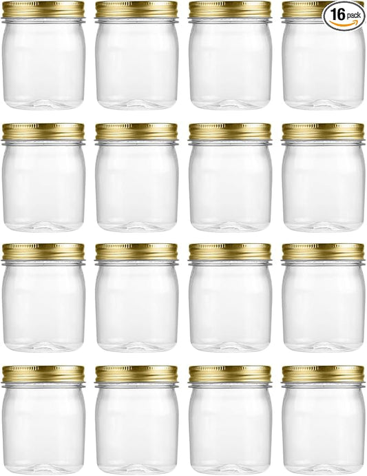 novelinks 8 oz Clear Plastic Jars with Airtight Lids, 16 Pack Plastic Mason Jars with Lids 8oz, Refillable Storage Slime Containers & Small Spice Jar for Kitchen Organization (16 Pack,Gold)