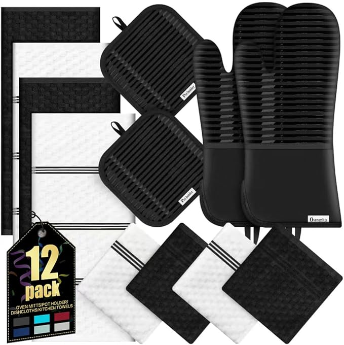 Oven Mitts Kitchen Towels and Dishcloths with Pot Holders Sets, Oven Gloves Hot Pads 500°F Heat Resistant with Silicone Grip, Include 2 Cooking Gloves/2 Potholders/4 Kitchen Towels/4 Dish Towels
