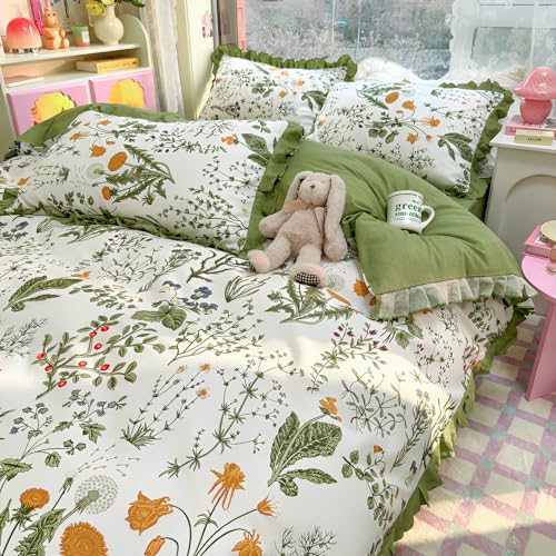 Green Floral Comforter Set King Romantic Ruffle Comforter Vintage Botanical Flowers Comforter with 2 Pillowcases Boho Floral Lace Coquette Bedding Fluffy Comfy Farmhouse King Bed Comforter Set
