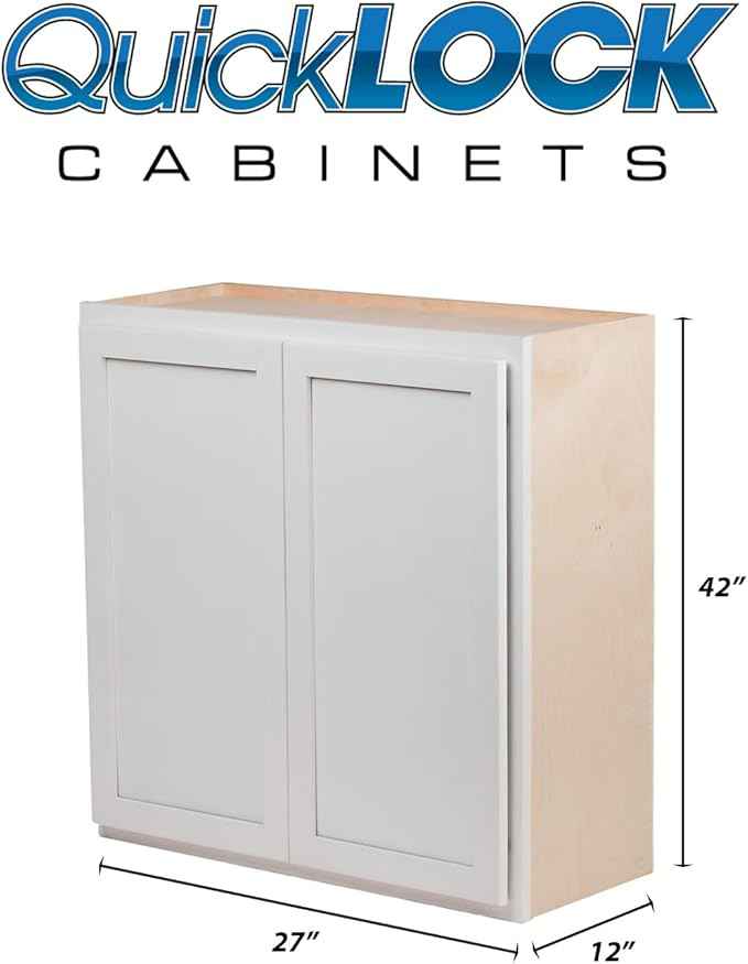 Quicklock RTA (Ready-to-Assemble) 42" Tall Wall Kitchen Cabinets - Shaker Style | 100% Hardwood | Made in America | Soft Close Hardware (12" D x 27" W x 42" H, Pure White)