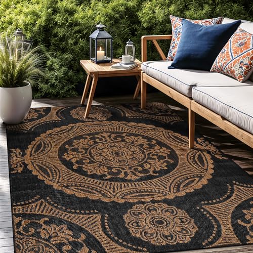Medallion Outdoor Rug 9x12 Washable Outside Carpet for Indoor Patio Porch Waterproof Easy Cleaning Non Shedding Area Rugs Nut Brown 9 x 12