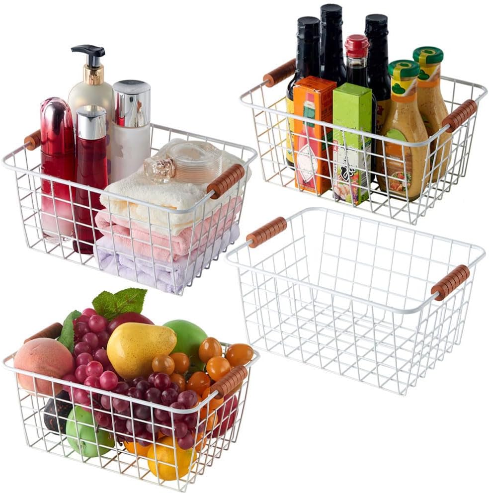 Wire Kitchen Storage Basket 4 Packs,Perfect Pantry Organization Accessories Baskets,Laundry Basket,With a Wooden handle,Suitable for Kitchen,Bathroom,Bedroom,Tabletop,Stackable,White
