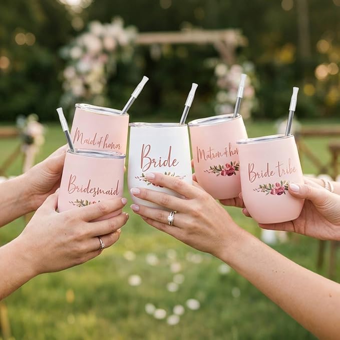 CARAKNOTS Bridesmaid Proposal Gifts Bridesmaid Cups Set of 5 Wedding Tumbler for Bridal Shower Engagement Bachelorette Party Favor Maid Pink Stainless Steel Wine Tumbler with Lid and Straw 12 oz