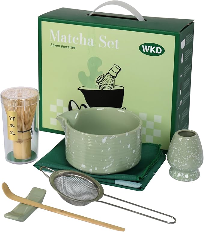 Matcha Bowl and Whisk Set, Ceramic Matcha Set Includes Matcha Bowl with Spout, Whisk & Holder, Bamboo Scoop, Stainless Sifter, Towel, Matcha Kit Making Tools,Light Green,7 PCS