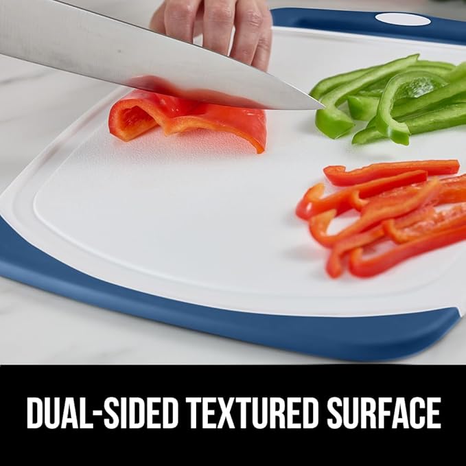 GORILLA GRIP BPA-Free Reversible Kitchen Cutting Board Set of 3, US Designed, Nonporous, Juice Grooves Catch Liquid, Slip Resistant Border, Dishwasher Safe Large Food Chopping Boards, Red Blue Green