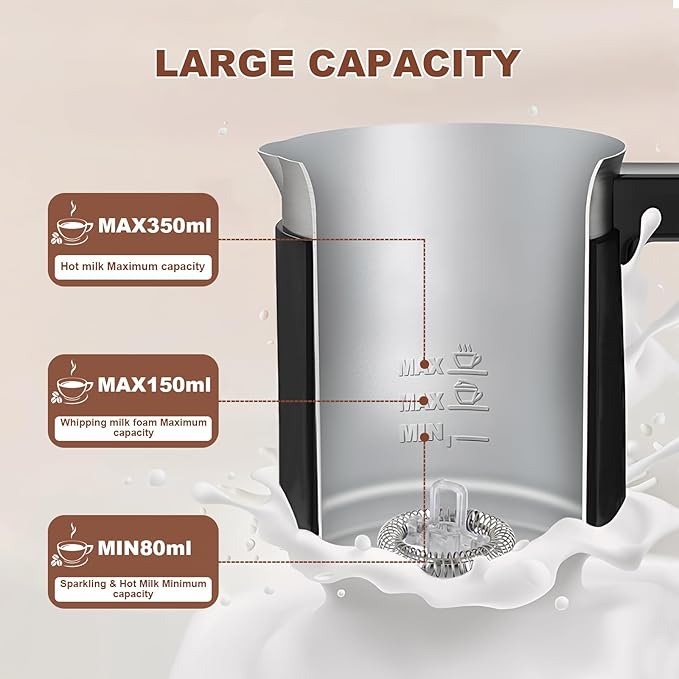 Electric Milk Frother Automatic Hot & Cold Foam Maker Auto Shut-Off Durable Stainless Steel Milk Frother with 4 Functions Enjoy Perfect Milk Froth in 2 Min for Coffee, Latte, Macchiato (Black)