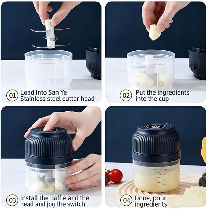 Electric Garlic Chopper, Mini Portable Veggie Cutter with 4/6 Stainless Steel Blades, Portable Wireless Rechargeable Mini Electric Garlic Food Chopper for Garlic, Onion, Chili, Nuts (2PCS-B,250ML)